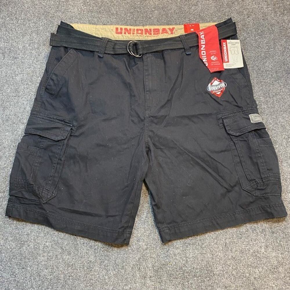 NEW Tags Union Bay Survivor Vintage Cargo Shorts Black Mens 46 Belted Cotton